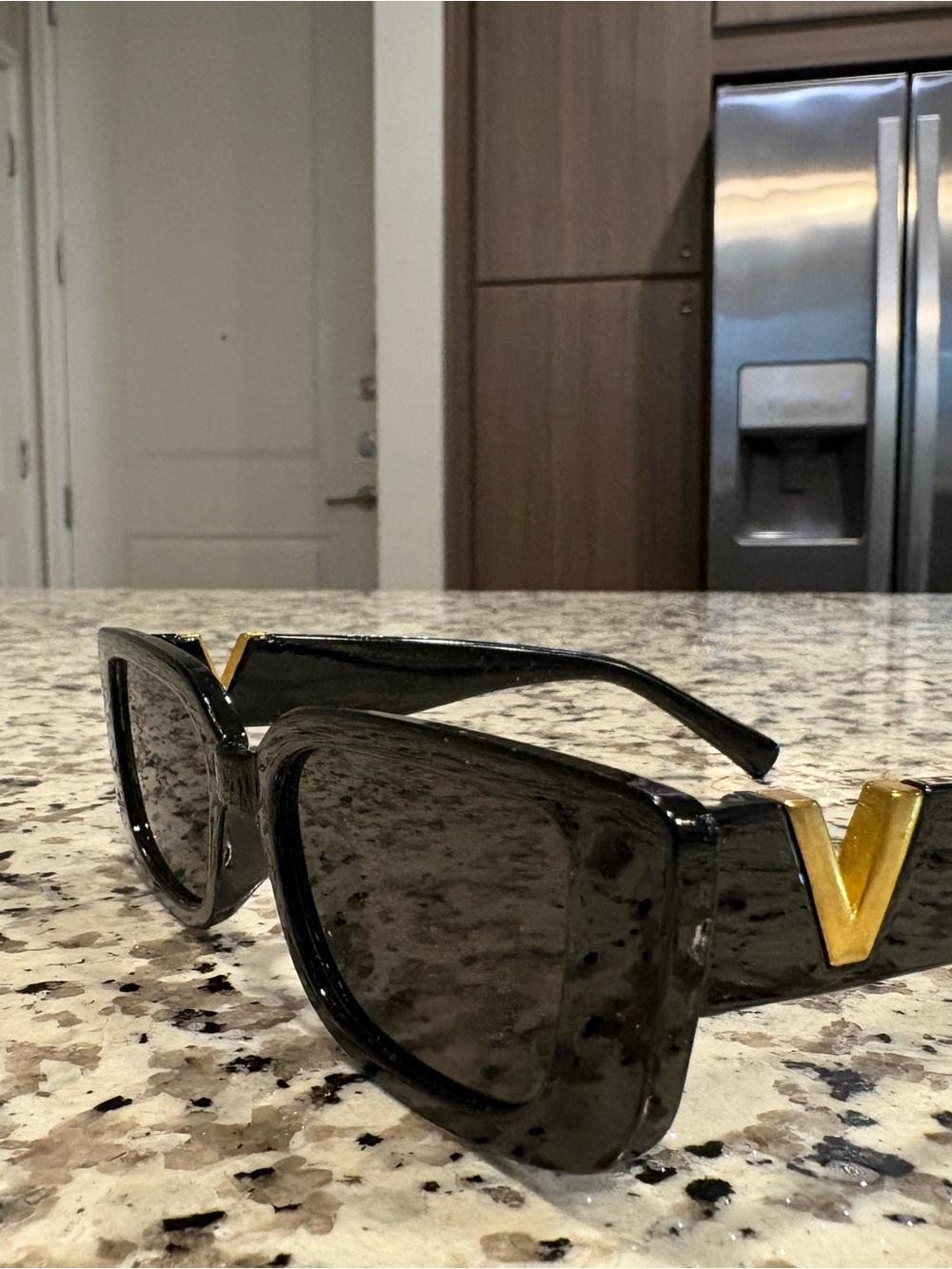 Black Sunglasses with Gold Accent V Logo - Designer-Inspired Men’s Shades